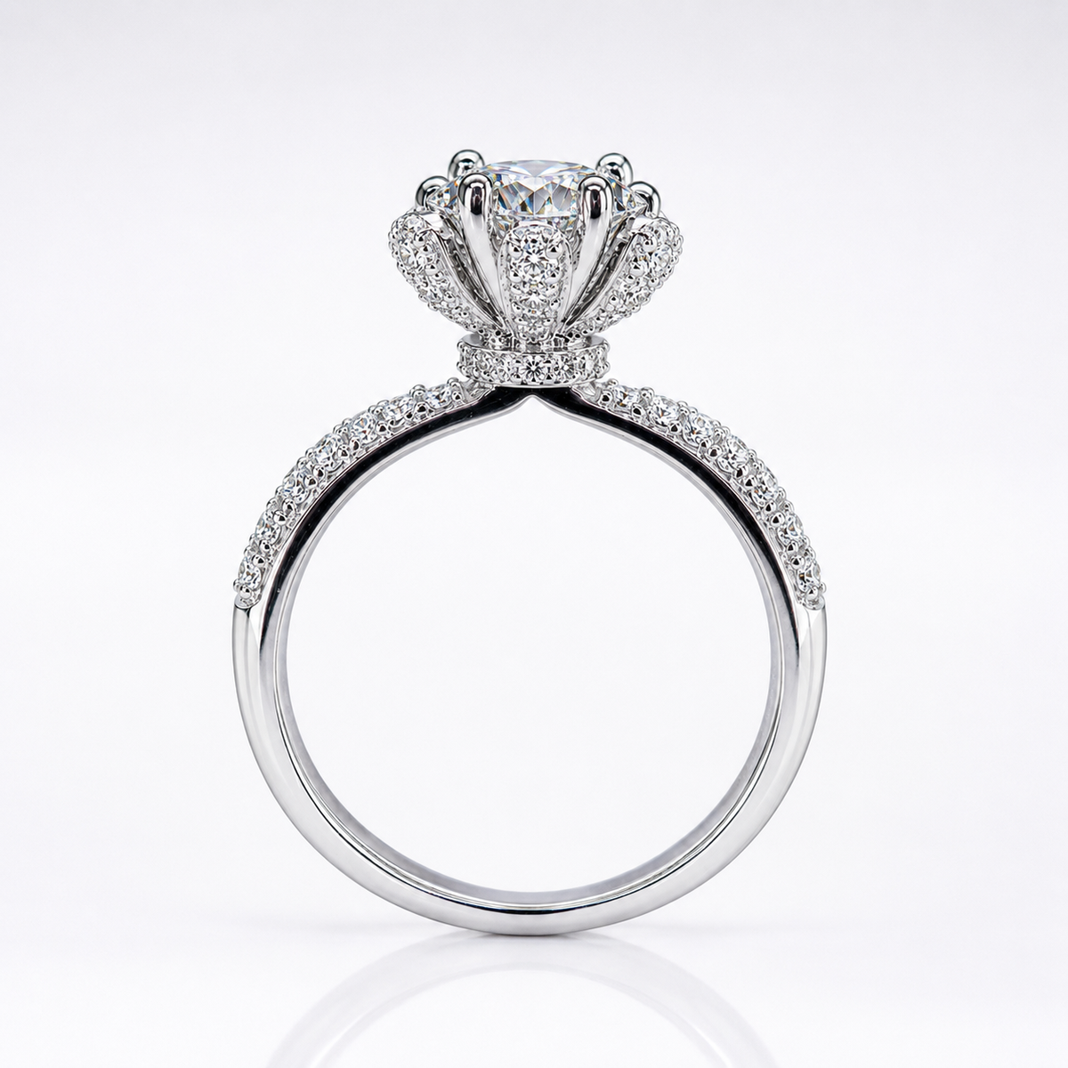 Round Brilliant Moissanite Cathedral Pavé Engagement Ring