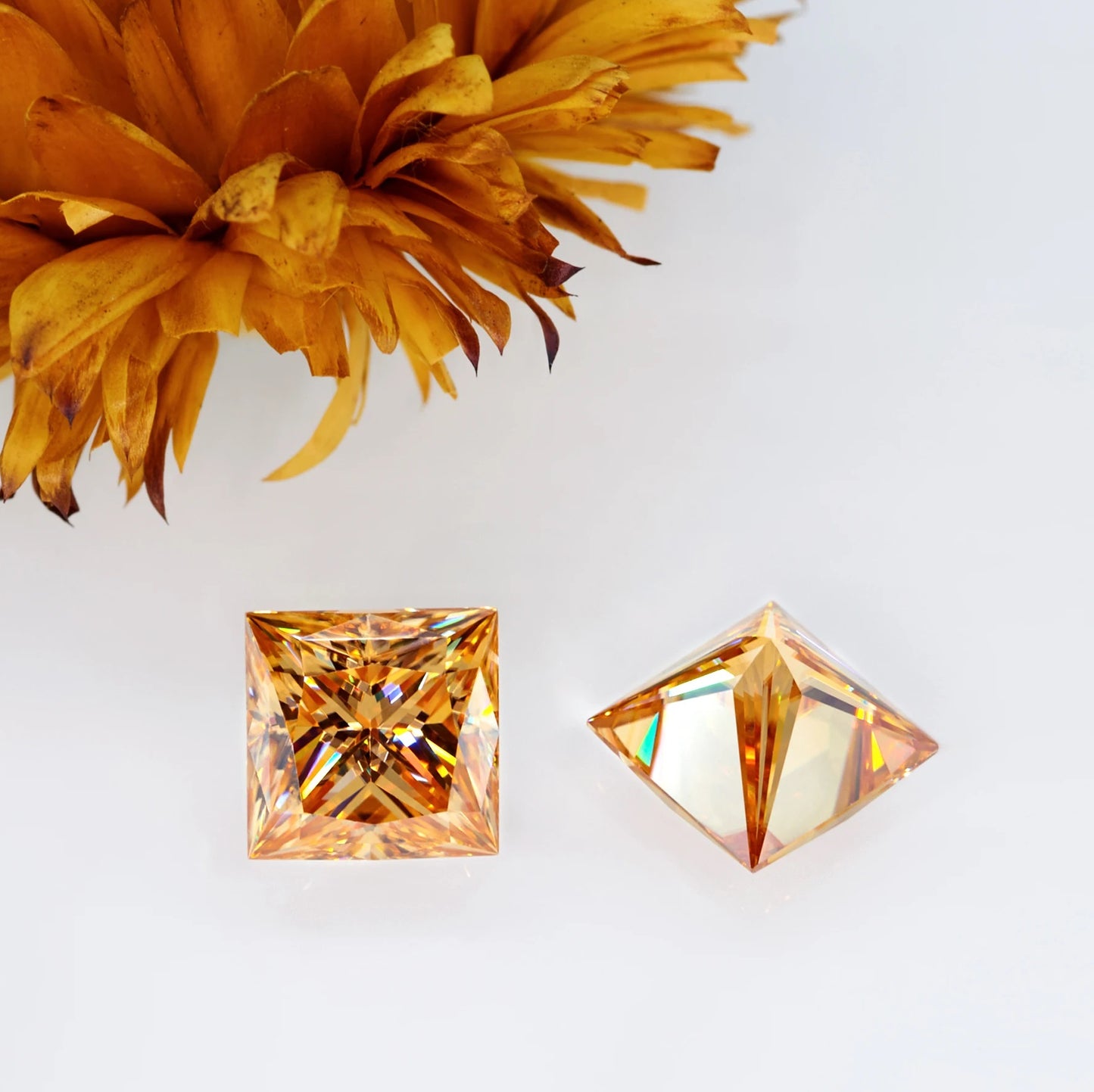 Vivid Champagne Princess Cut Moissanites