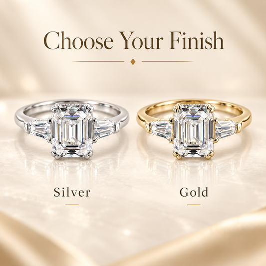 Emerald Cut & Tapered Baguette Moissanite Trilogy Engagement Ring