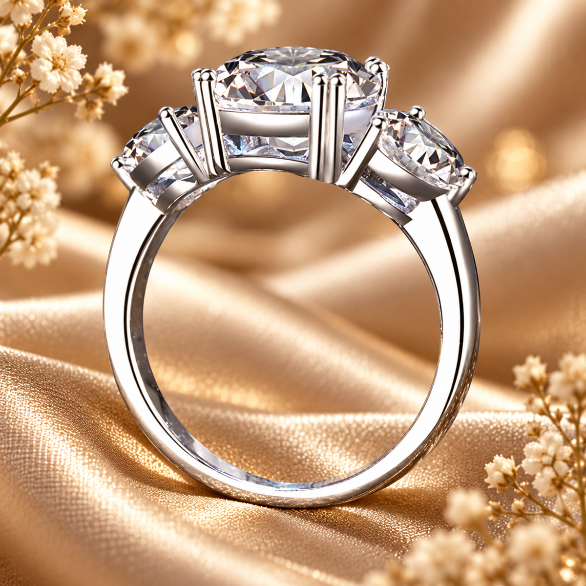 3ct Round Brilliant Moissanite Trilogy Engagement Ring
