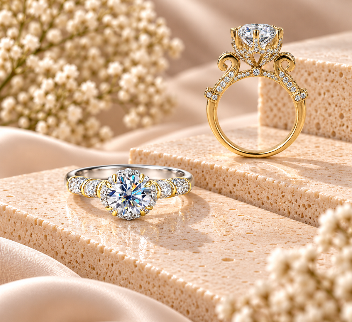 Five diamond engagement rings in yellow, rose and white gold, featuring round, princess and marquise-cut stones with pavé bands.