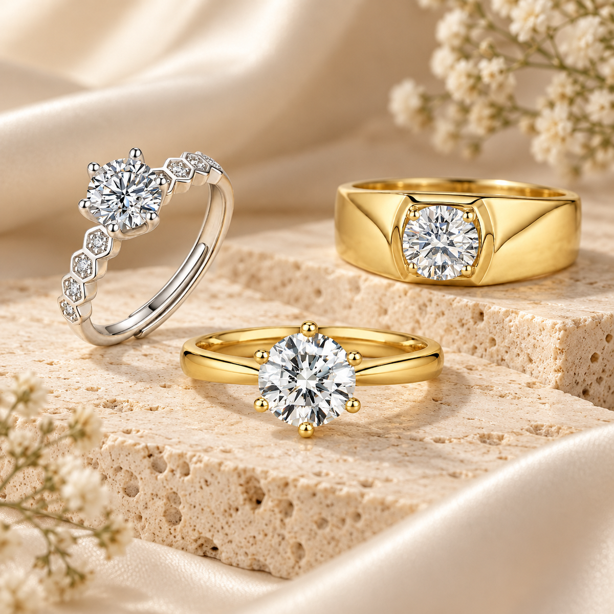 Adjustable moissanite rings in yellow gold, rose gold and silver-tone settings displayed on cream stone