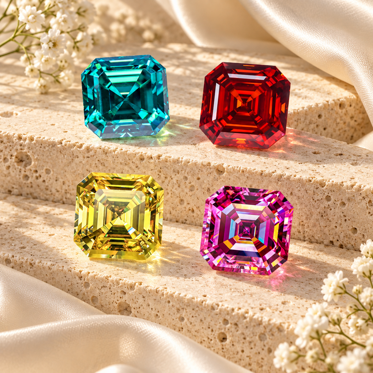 Asscher cut coloured moissanite gemstones in teal, red, yellow and pink displayed on cream stone with soft floral accents.