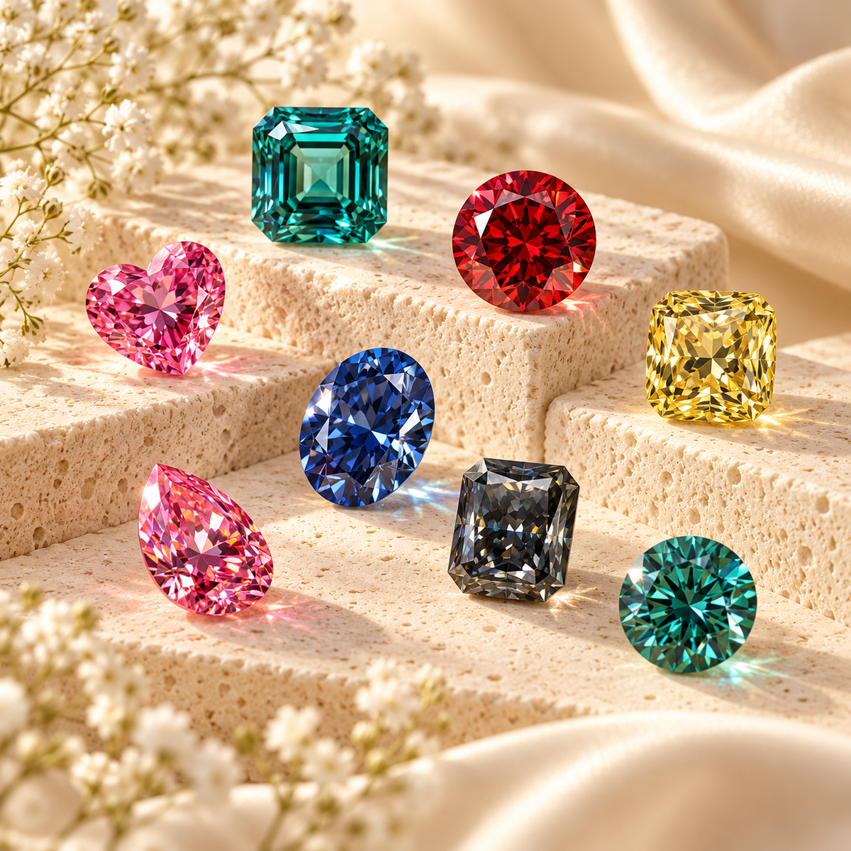 Coloured moissanite gemstones in pink, blue, green, red, yellow and black across round, pear, heart and square cuts.