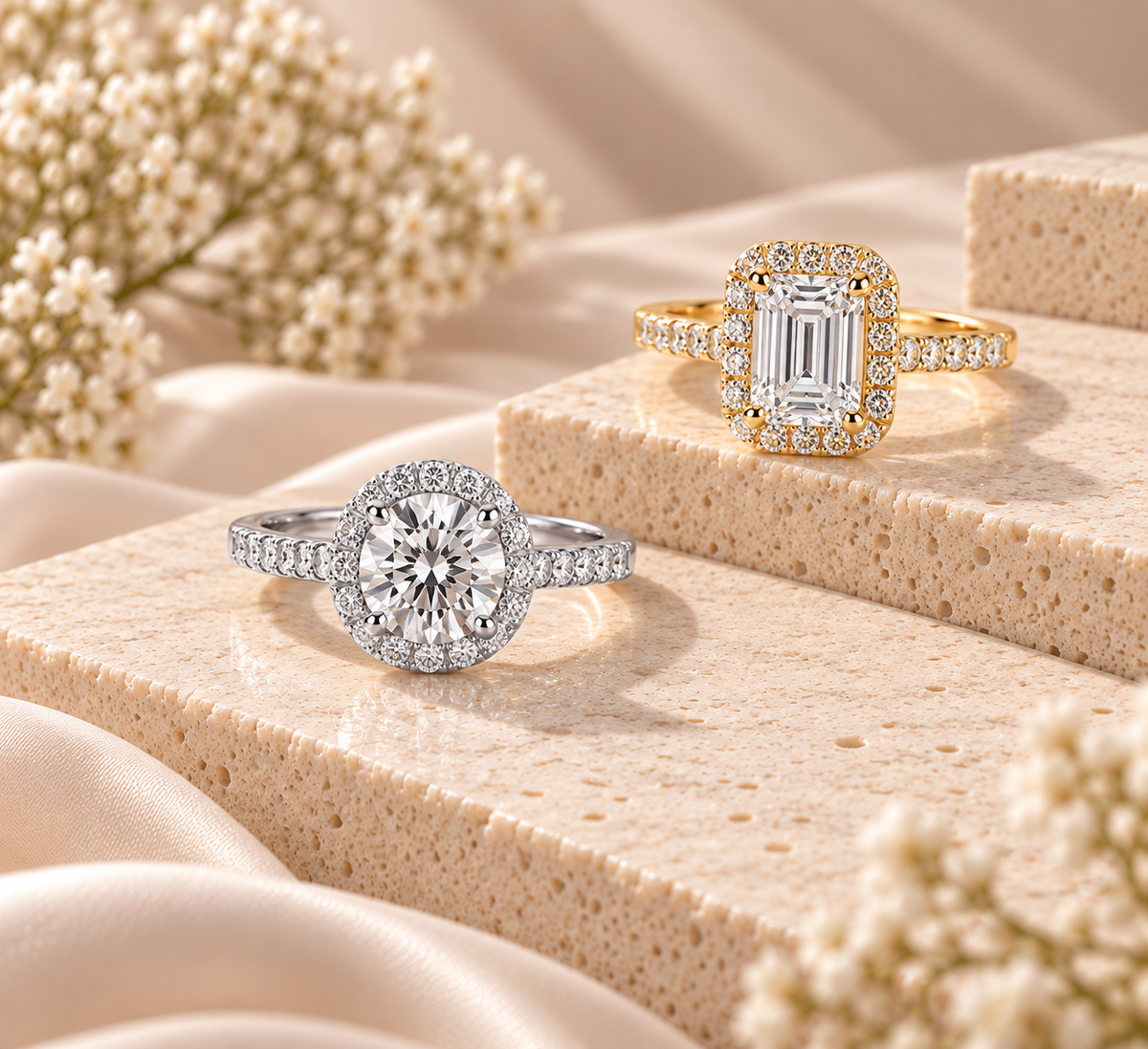 Halo moissanite engagement rings in yellow gold, rose gold and silver-tone settings displayed on cream stone