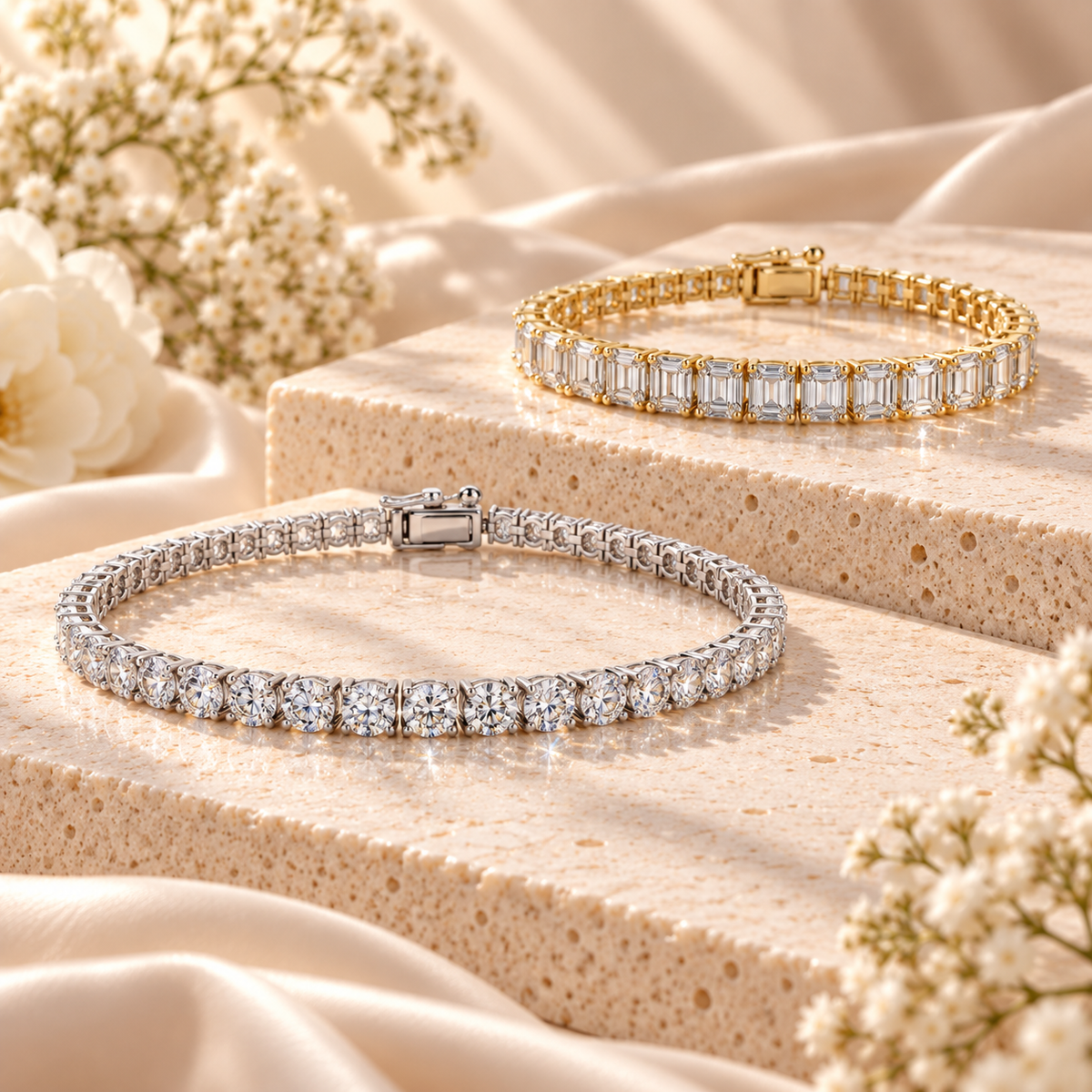 Yellow gold and silver moissanite tennis bracelets displayed on cream stone blocks with soft floral accents.