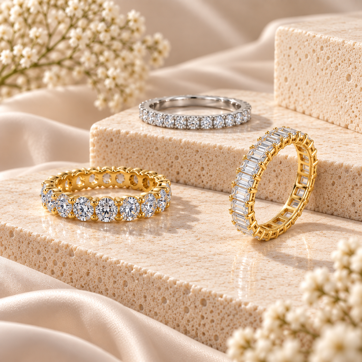 Moissanite eternity rings in yellow gold, rose gold and silver-tone settings with round and emerald-cut stones on cream stone tiers