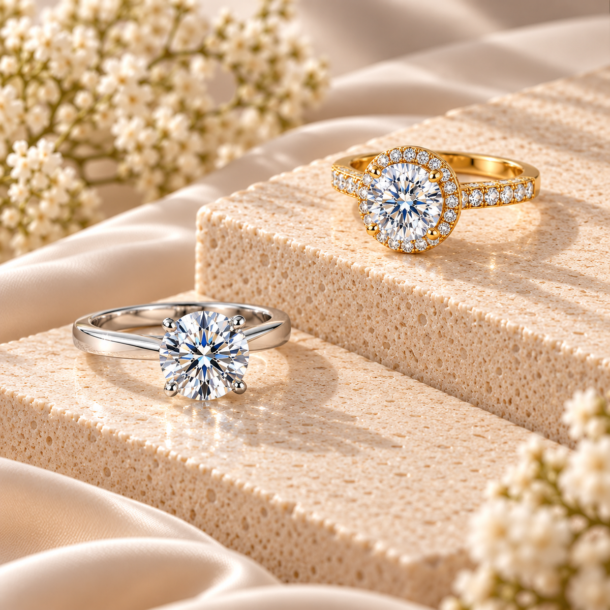 Yellow gold halo moissanite ring and silver solitaire moissanite ring displayed on cream stone with soft floral accents.