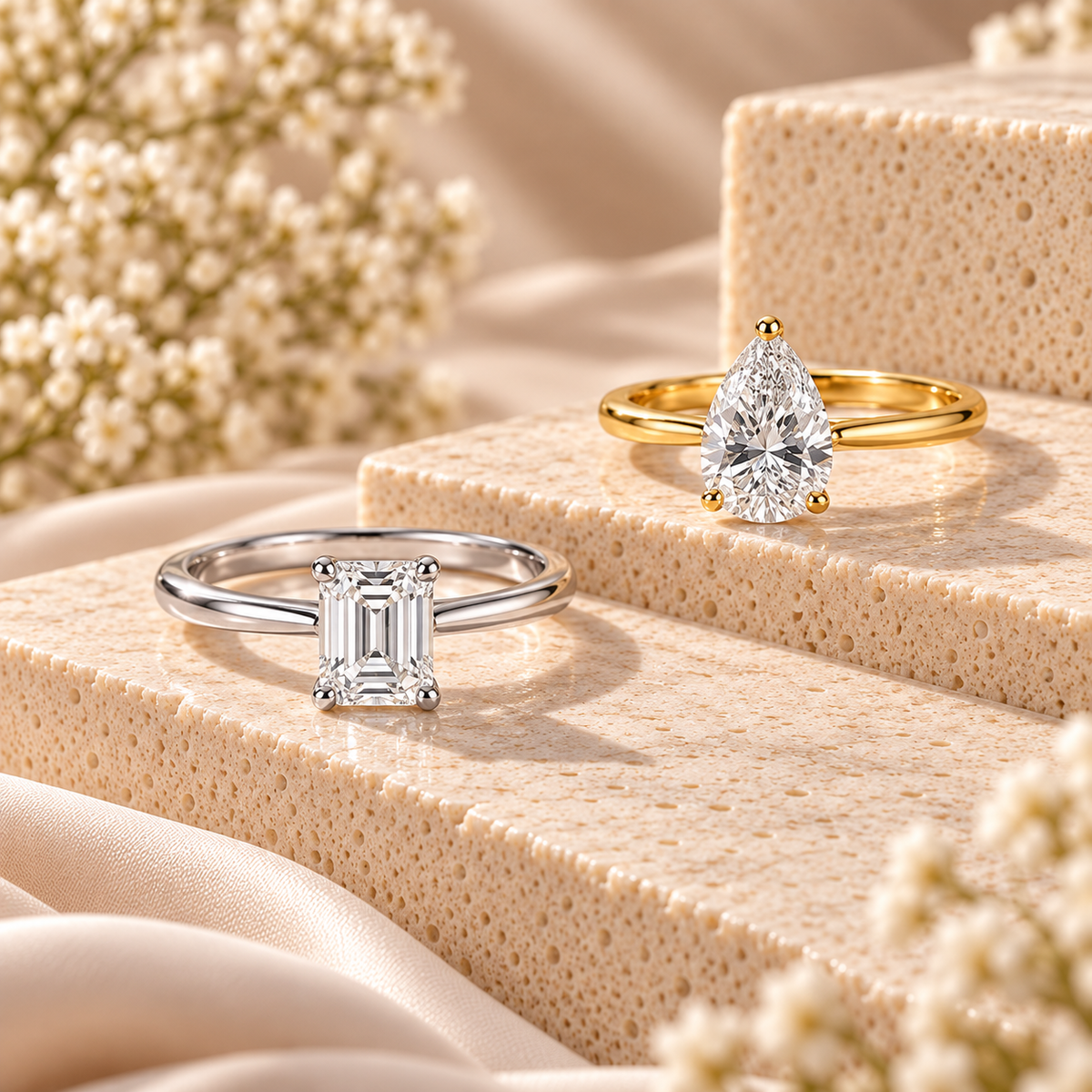 Moissanite solitaire engagement rings in yellow gold, rose gold and silver-tone settings displayed on cream stone tiers
