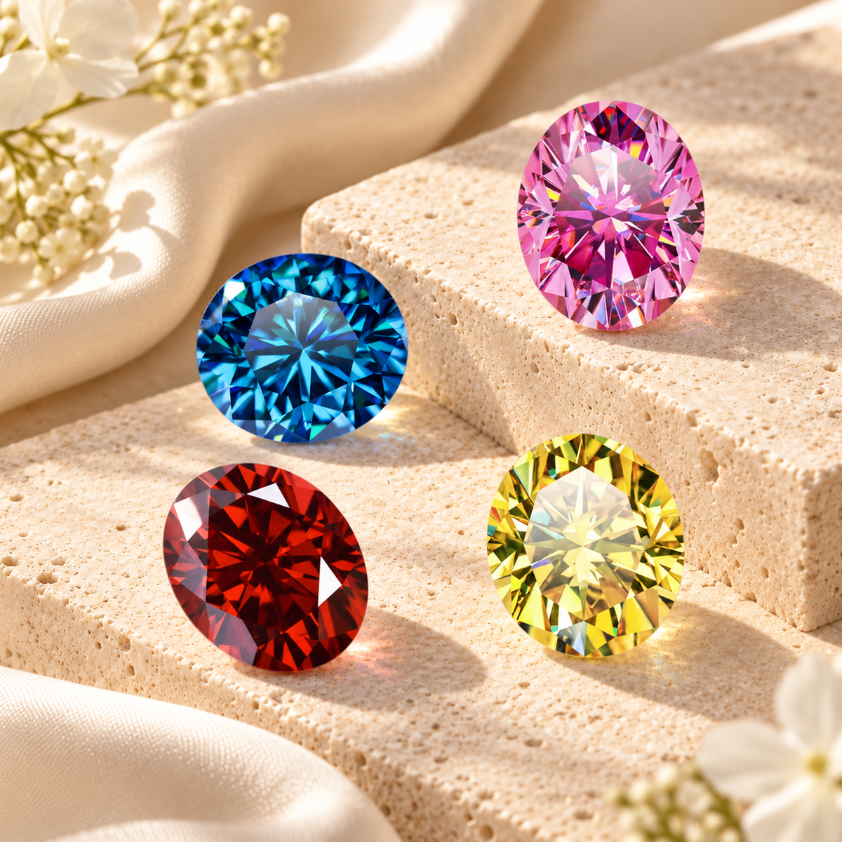Oval cut coloured moissanite gemstones in blue, pink, red and yellow displayed on cream stone with soft floral accents.