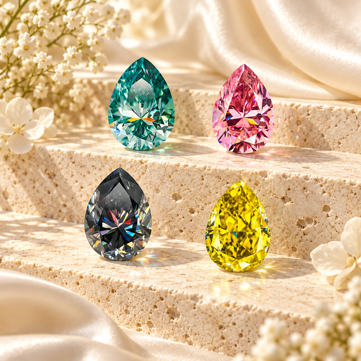Pear cut coloured moissanite gemstones in teal, pink, black and yellow displayed on cream stone with soft floral accents.