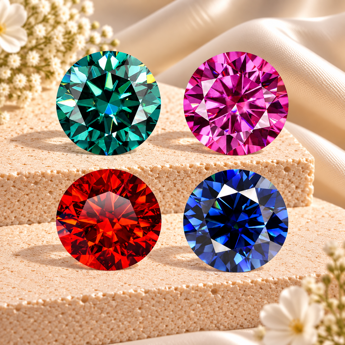 Round brilliant cut coloured moissanite gemstones in teal, pink, red and blue displayed on cream stone with soft floral accents.