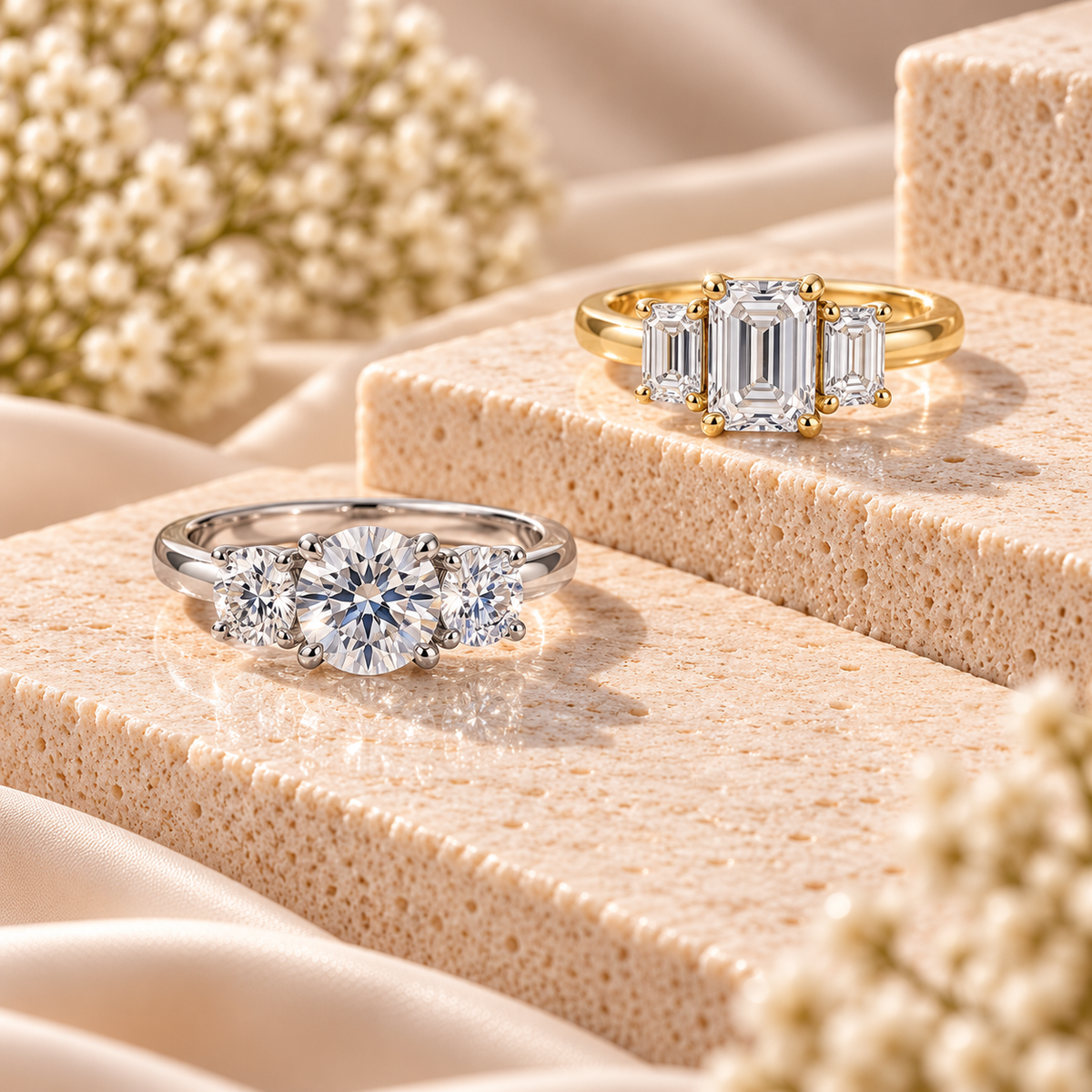 Three-stone moissanite engagement rings in yellow gold and silver-tone settings displayed on cream stone tiers