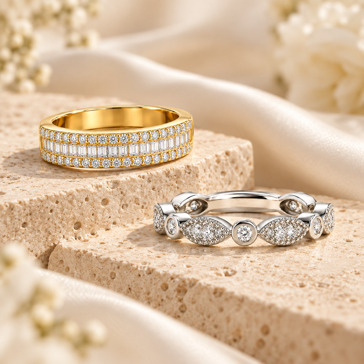 Wedding bands in yellow gold, rose gold and silver-tone settings with moissanite and decorative stone-set designs on cream stone