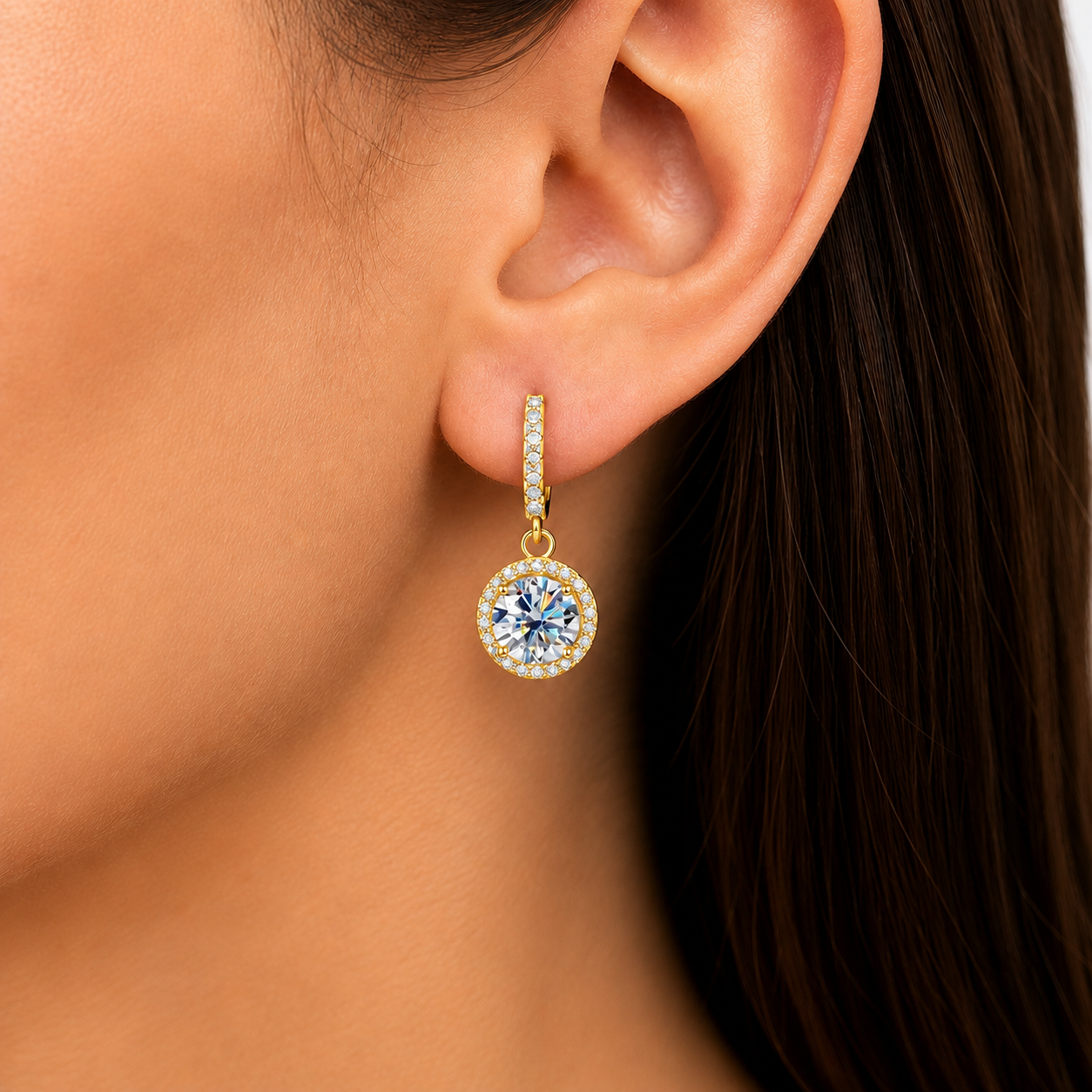 Halo Moissanite Hoop Drop Earrings