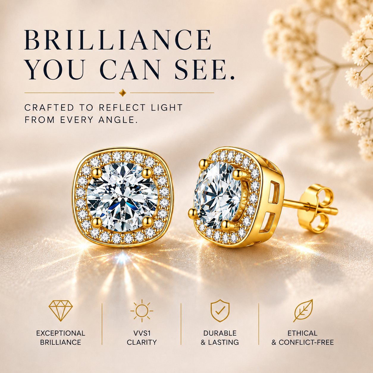 Halo Moissanite Stud Earrings – 925 Sterling Silver & Gold