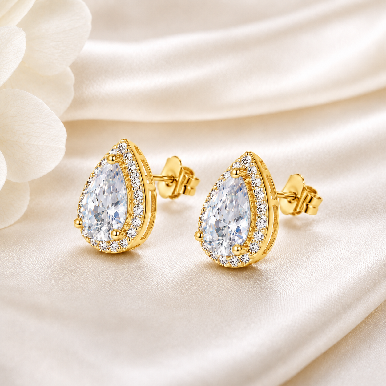 Pear Cut Moissanite Halo Stud Earrings