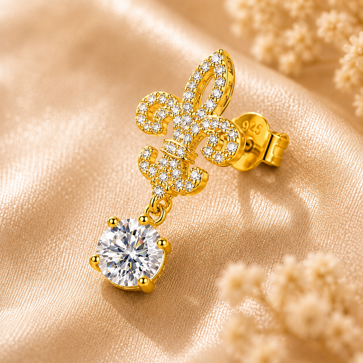 Fleur de Lis Moissanite Drop Earrings – 2.0ct Round Brilliant Dangle Earrings