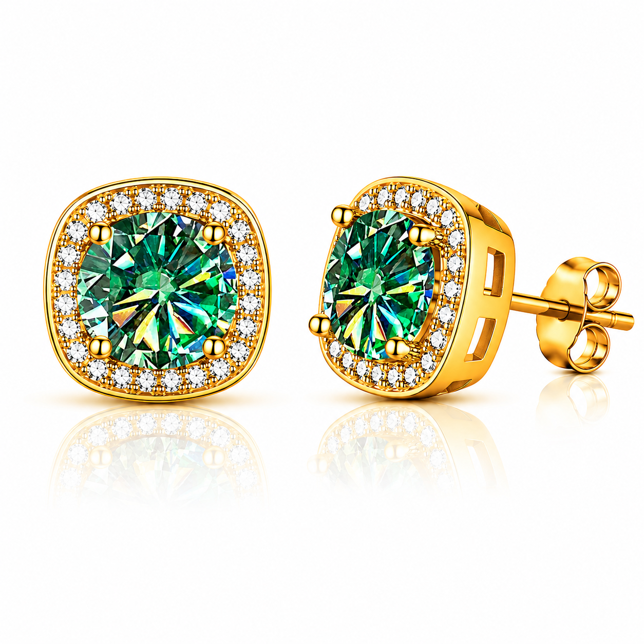Halo Moissanite Stud Earrings – 925 Sterling Silver & Gold