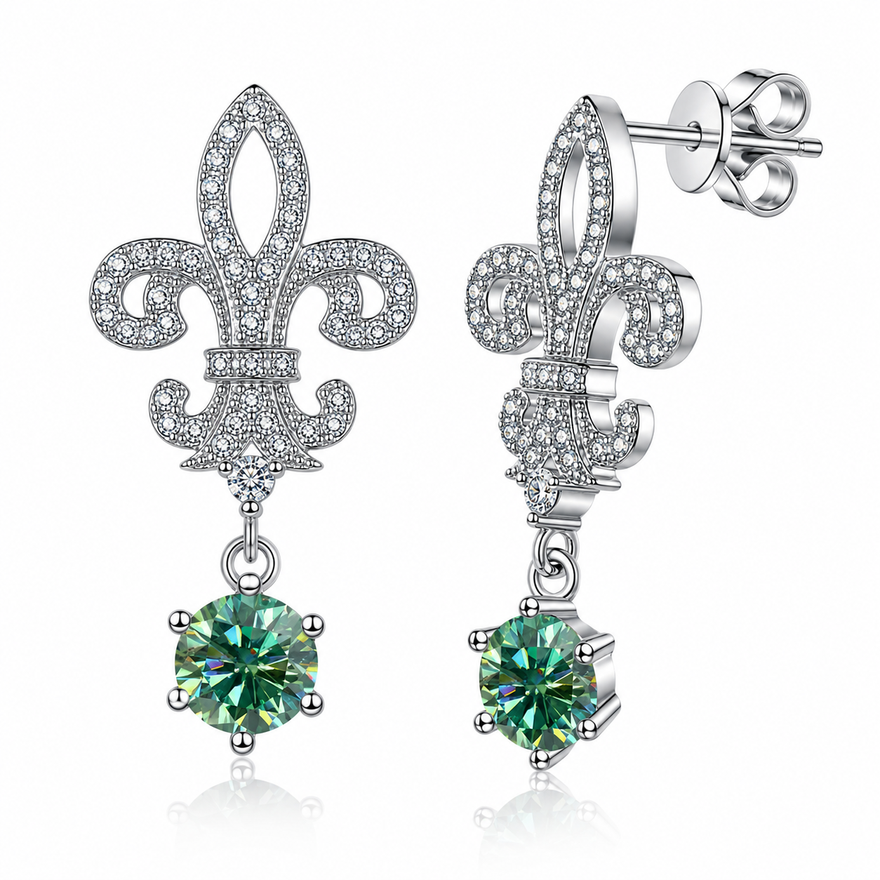 Fleur de Lis Moissanite Drop Earrings – 2.0ct Round Brilliant Dangle Earrings