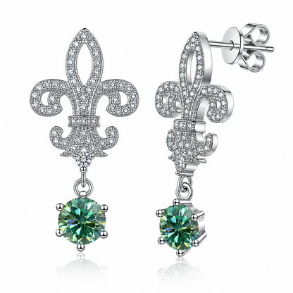 Fleur de Lis Moissanite Drop Earrings – 2.0ct Round Brilliant Dangle Earrings
