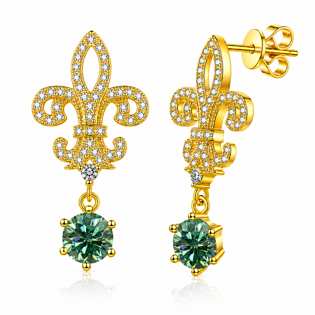 Fleur de Lis Moissanite Drop Earrings – 2.0ct Round Brilliant Dangle Earrings