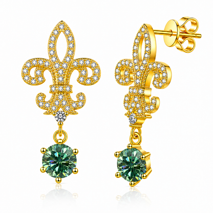 Fleur de Lis Moissanite Drop Earrings – 2.0ct Round Brilliant Dangle Earrings