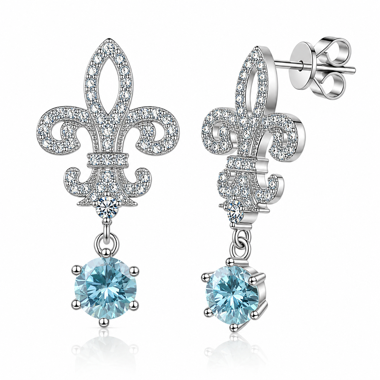 Fleur de Lis Moissanite Drop Earrings – 2.0ct Round Brilliant Dangle Earrings