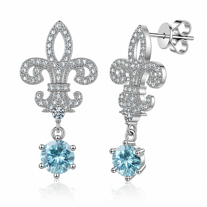Fleur de Lis Moissanite Drop Earrings – 2.0ct Round Brilliant Dangle Earrings