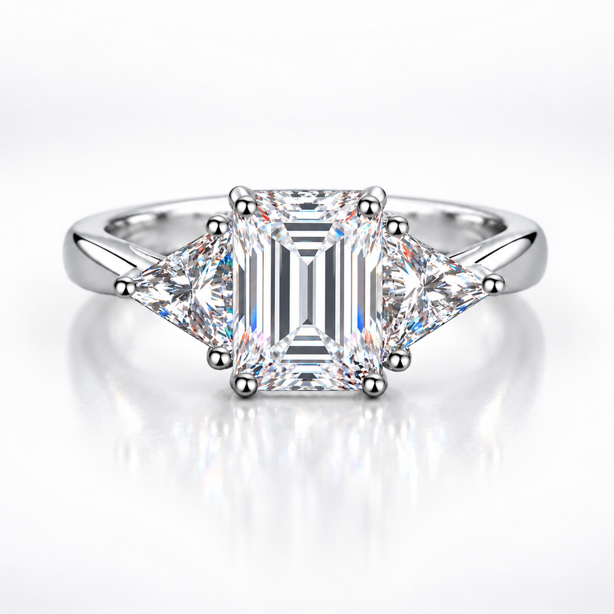 3ct Emerald & Trillion Cut Moissanite Trilogy Engagement Ring
