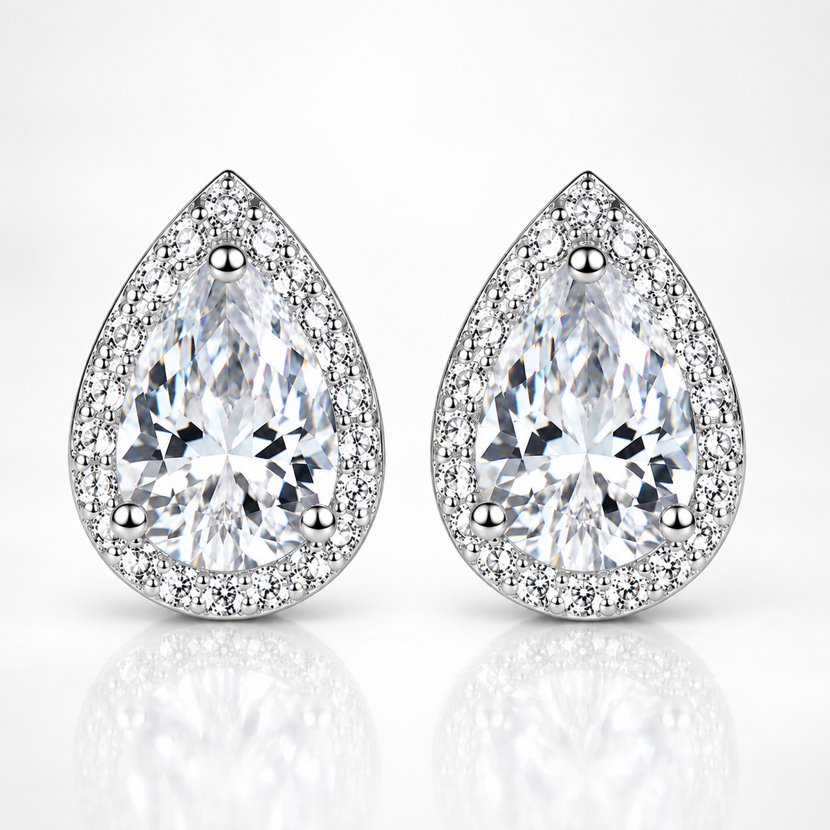 Pear Cut Moissanite Halo Stud Earrings