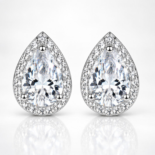 Pear Cut Moissanite Halo Stud Earrings