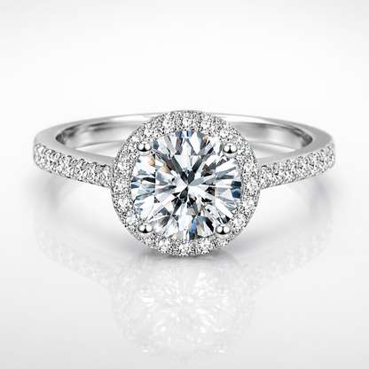 Round Brilliant Cut Moissanite Pavé Halo Engagement Ring