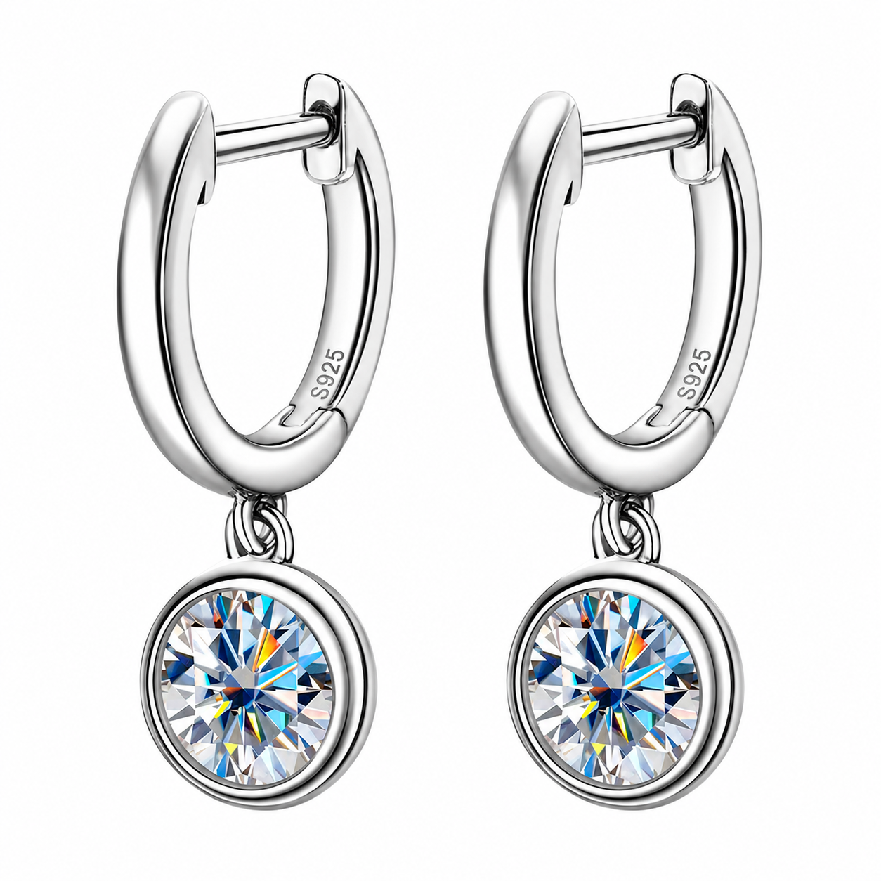 Bezel Drop Moissanite Hoop Earrings