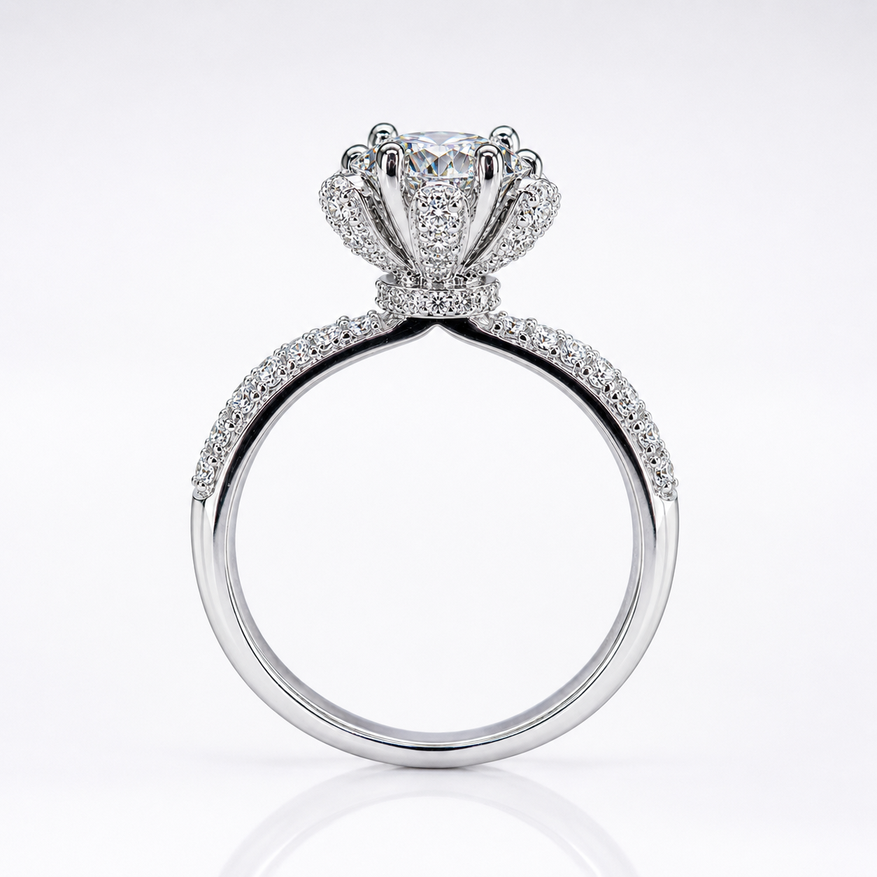 Round Brilliant Moissanite Cathedral Pavé Engagement Ring