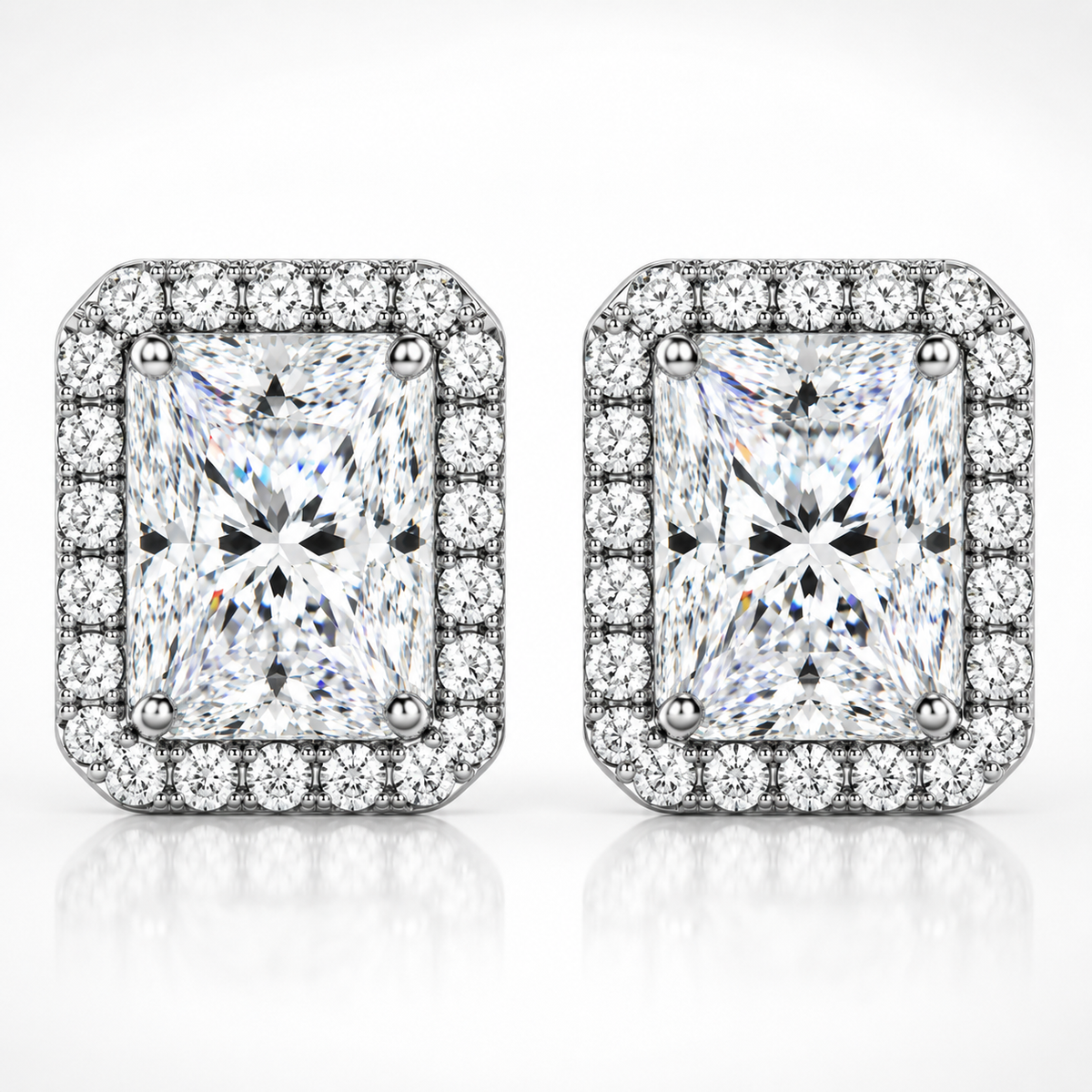 Radiant Cut Halo Moissanite Stud Earrings
