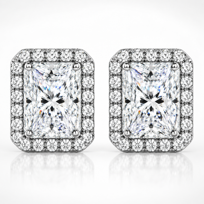 Radiant Cut Halo Moissanite Stud Earrings