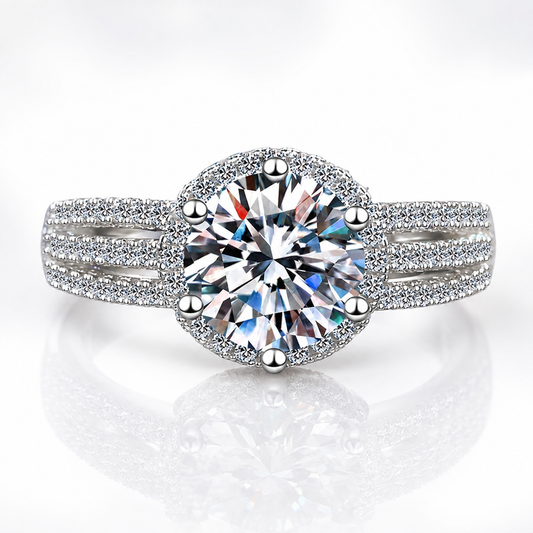 Round Brilliant Cut Moissanite Tri-Band Halo Ring