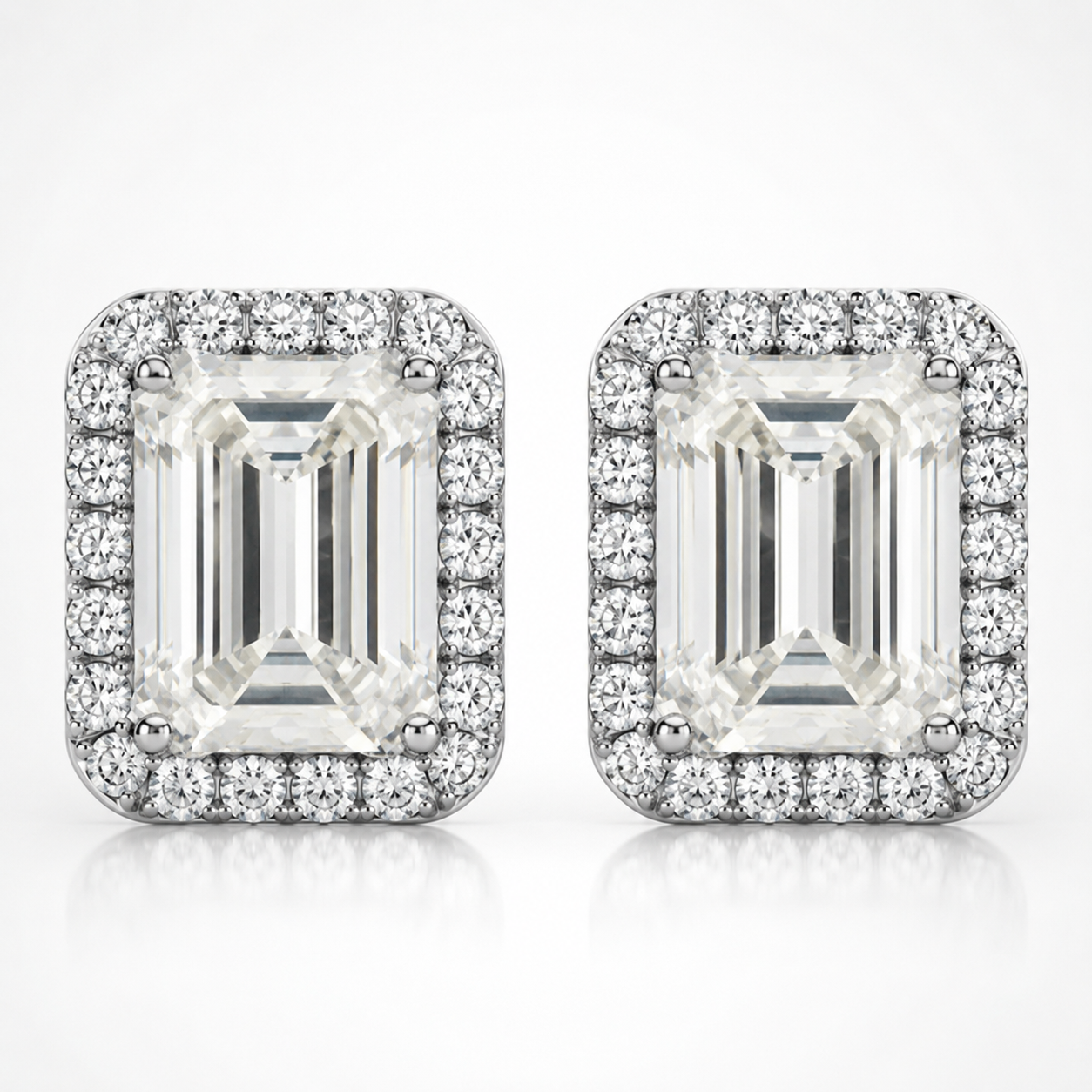 Emerald Cut Halo Moissanite Stud Earrings