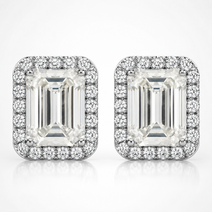 Emerald Cut Halo Moissanite Stud Earrings