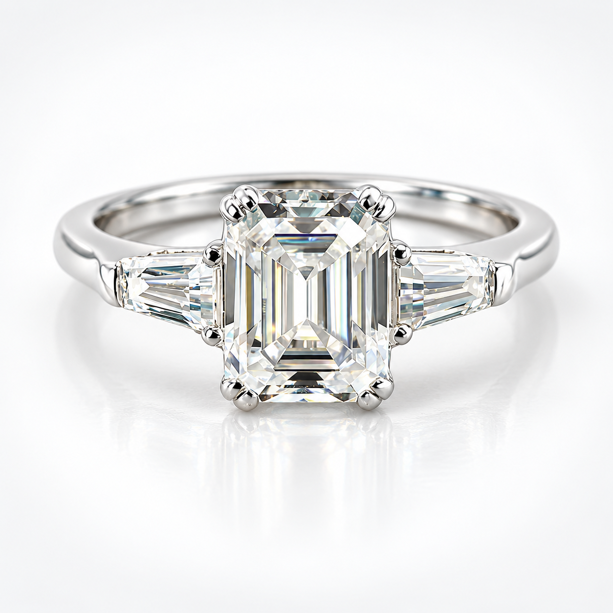 Emerald Cut & Tapered Baguette Moissanite Trilogy Engagement Ring