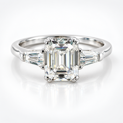 Emerald Cut & Tapered Baguette Moissanite Trilogy Engagement Ring