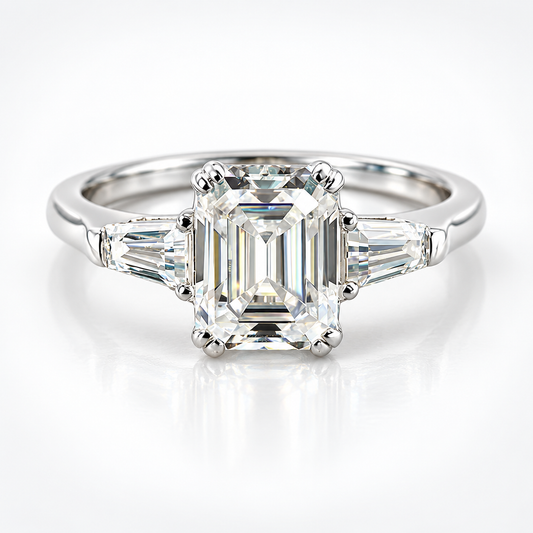 Emerald Cut & Tapered Baguette Moissanite Trilogy Engagement Ring