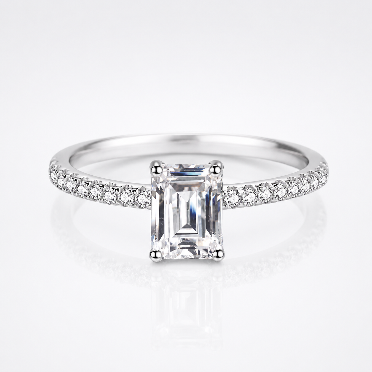 Emerald Cut Moissanite Pavé Solitaire Engagement Ring