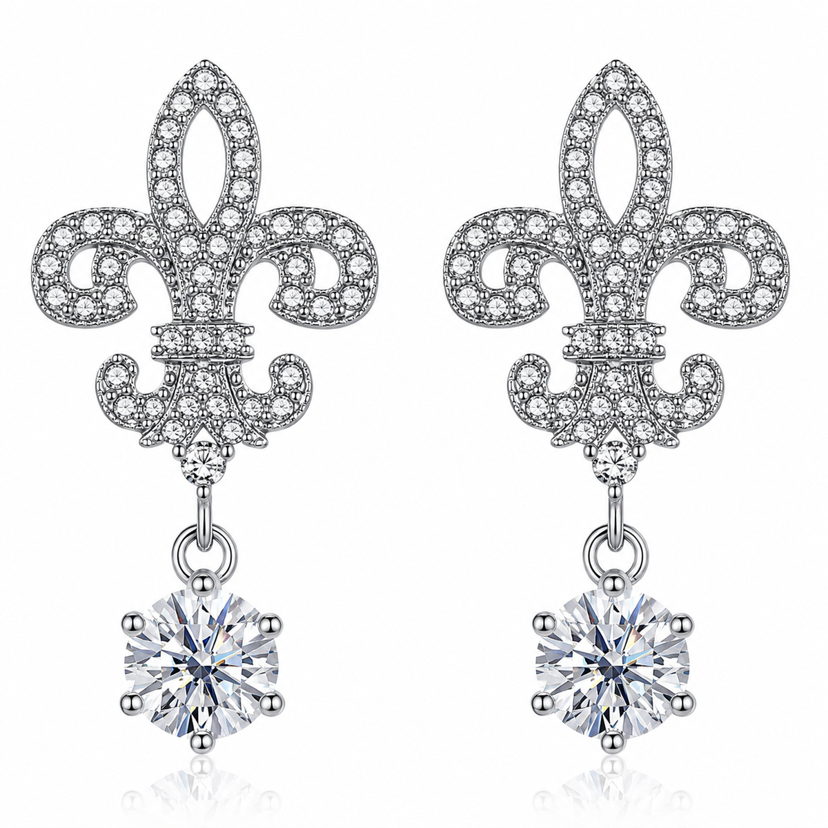 Fleur de Lis Moissanite Drop Earrings – 2.0ct Round Brilliant Dangle Earrings