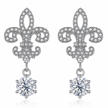 Fleur de Lis Moissanite Drop Earrings – 2.0ct Round Brilliant Dangle Earrings