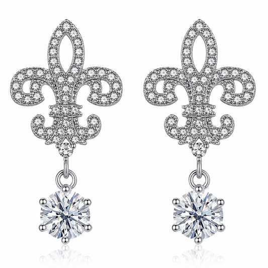 Fleur de Lis Moissanite Drop Earrings – 2.0ct Round Brilliant Dangle Earrings