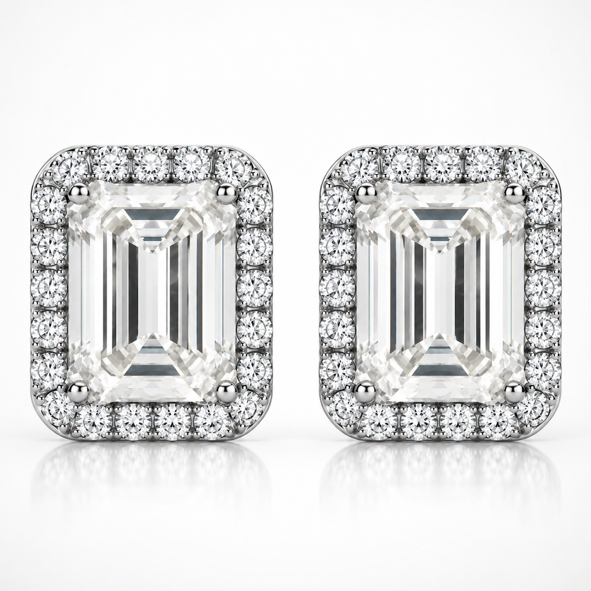 Emerald Cut Halo Moissanite Stud Earrings