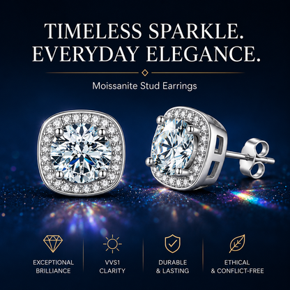 Halo Moissanite Stud Earrings – 925 Sterling Silver & Gold