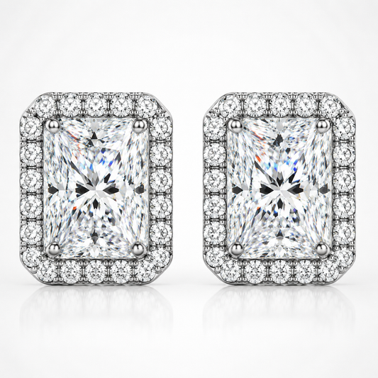 Radiant Cut Halo Moissanite Stud Earrings